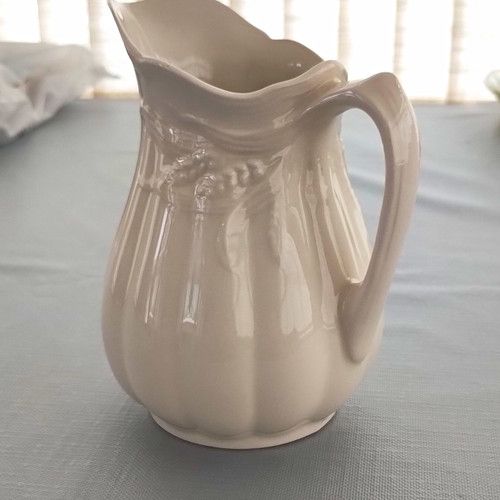 Unmarked White Glossy Ceramic Jug/Pitcher with Handle, Spout, Decorative