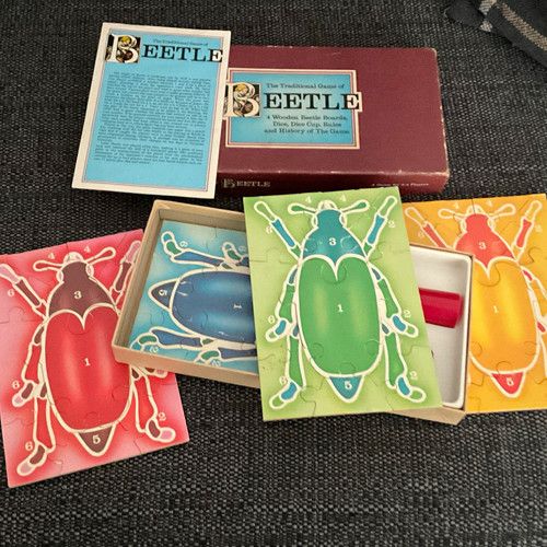 Traditional Beetle Dice Game Set - 4 Wooden Boards, Dice Cup, Rules/History