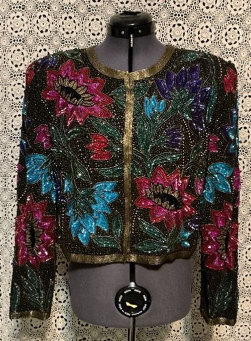 VINTAG 80s NIGHT VOGUE SILK CROP JACKET W/ ALL OVER BEADED FLOWERS STUNNING SZ S
