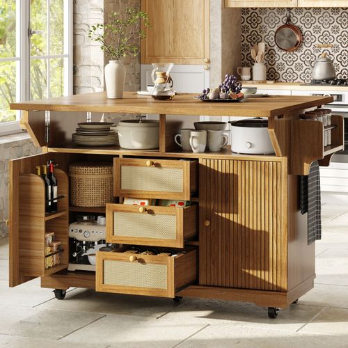 Kitchen Island on Wheels, Storage Trolley Cart with Foldable Top, Rattan Drawers — image 2