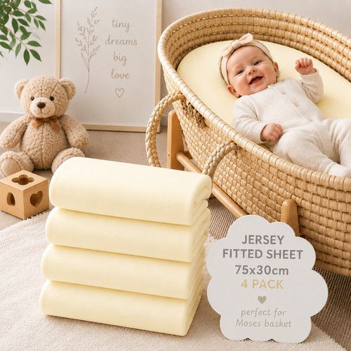 4 Pack Jersey 100% Cotton Fitted Sheets 75x30 cm for Moses Basket Pram Bassinet