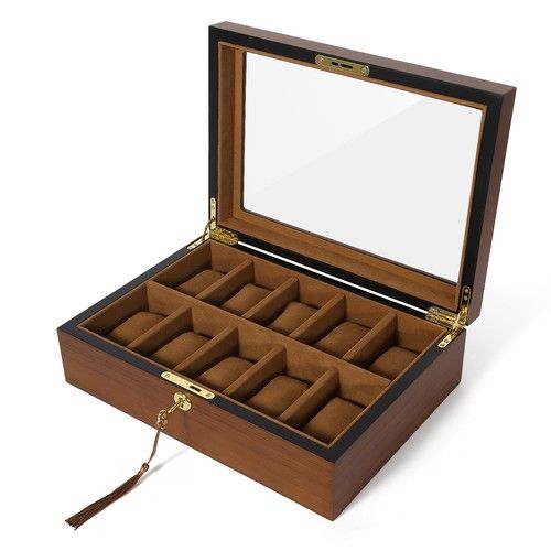 6/10/12 Grids Wooden Watch Box Glass Lid Jewelry Display Organizer Storage Case