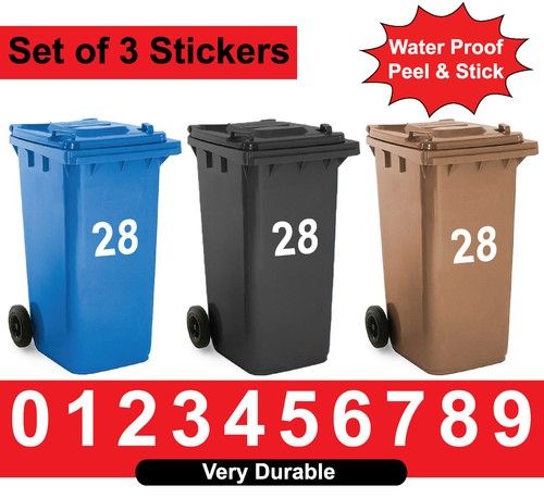 3 x Wheelie Bin Stickers Numbers House Wheelie Dustbin Sticker Peel & Stick
