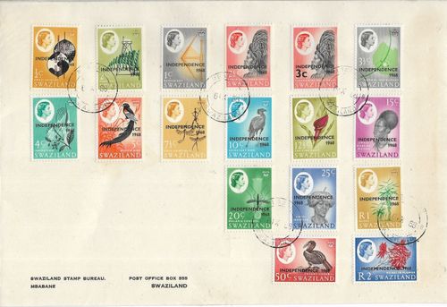 1968 SWAZILAND INDEPENDENCE DEFINITIVES OVERPRINTS COMPLETE ON SUPERB FDC — image 1