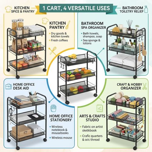 3 Tier Rolling Storage Trolley Cart Metal Kitchen Vegetable Basket Rack Wheels — image 3