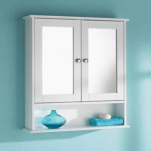 Bathroom Mirror Cabinet Wall Mounted Storage Cupboard Shelves White Double Door — image 2