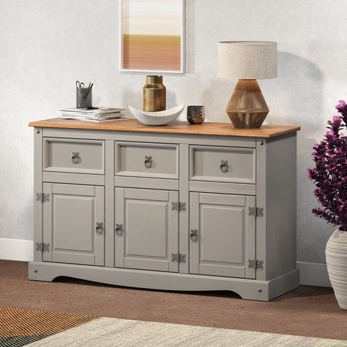 Corona Sideboard Grey 3 Door 3 Drawer Cabinet Dresser Solid Wood Mexican Pine