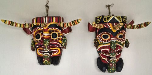Vintage Ornamental 2 Guatemalan Hand Carved Wooden Devil Masks Voodoo Folk Art
