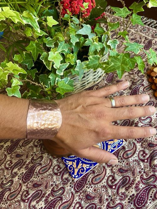 Wide Hammered Copper Cuff Bracelet / Open Bangle Adjustable No Stone — image 3