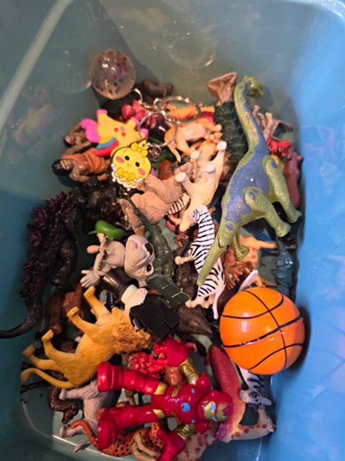 Job Lot Mixed Toys & Figures in Tub - Animals, Dinosaur, Mini Basketball