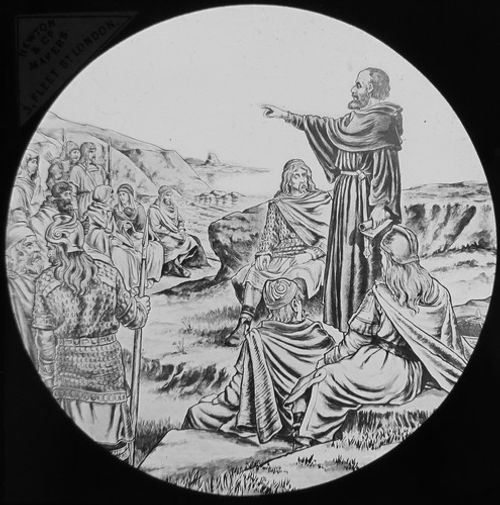 Glass Magic Lantern Slide  PRIEST PREACHING TO SAXON GROUP C1890 RELIGION