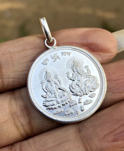 999 Pure Silver Hindu Religious Lakshmi Ganesh Coin Pendant 5.3 gm 1 Pc