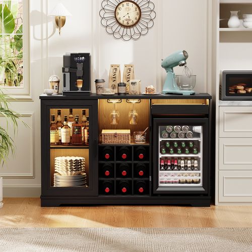 Coffee Bar Cabinet with Fridge, 47" Buffet Sideboard with Wine Rack & LED Lights — image 11