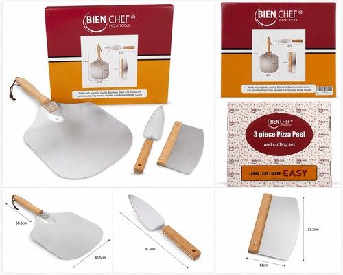 3 Pieces Wood Handle Pizza Peel Set Rust-Resistant Stainless Steel Pizza Peel