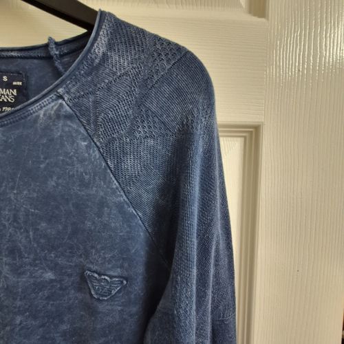 Armani Jeans Men's Blue Acid Wash Crew Neck Cotton Logo Jumper Long Sleeve S — image 2