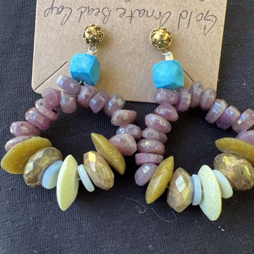 Handmade Raw Ruby Turquoise Mookaite Jasper Coral Beaded Dangle Earrings 32g — image 5