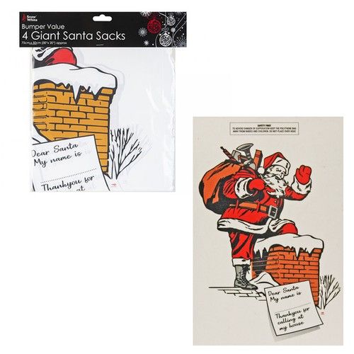4 Pack Giant PVC Christmas Sacks 75cm x 50cm Santa Chimney Design