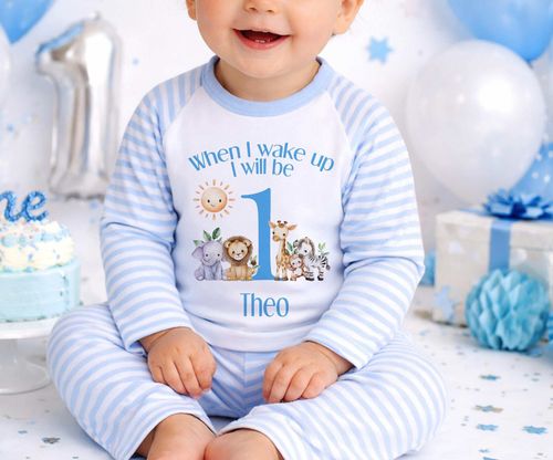 Personalised 1st Birthday Pyjamas Blue Safari PJs Kids Baby Girl Boy Name Age UK — image 1