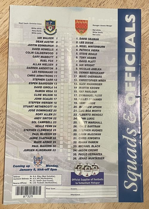 Tottenham Hotspur v Arsenal Premiership Match Programme 28.12.1997 — image 2