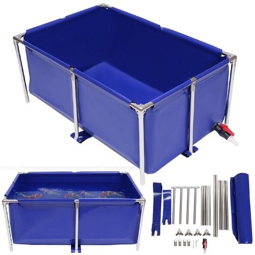Canvas Above Ground Fish Pond, Foldable Blue Aquarium Pool with Drain Valve