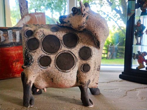 Ceramic Cow Figurine White & Black Crackle Glaze Decorative Sculpture