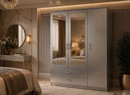 Grey 3 Door Mirror Wardrobe 2 Drawer High Gloss Modern Bedroom Furniture Storage — image 4