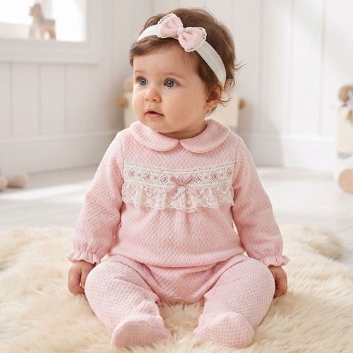 Baby Girl Cotton Sleepsuit Babygrow Headband Frilly Bow PINK
