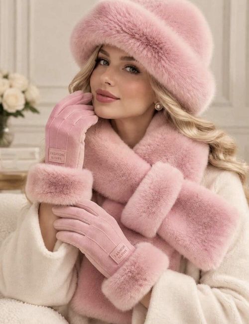 3pc Women's Winter Faux Fur Hat Scarf Gloves Set, Plush Bucket Hat, Cross Scarf — image 3