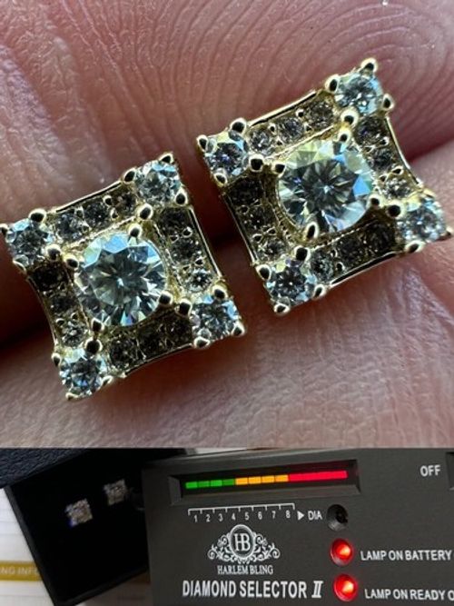 Real Solid 10k Yellow Gold Iced Kite Moissanite Earrings Mens Ladies 6.5mm Studs