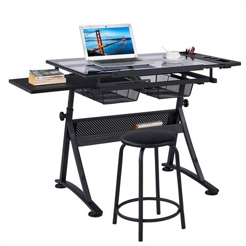 Adjustable Glass Drafting Table with 2 Drawer Art Craft Drawing Board with Stool — image 4