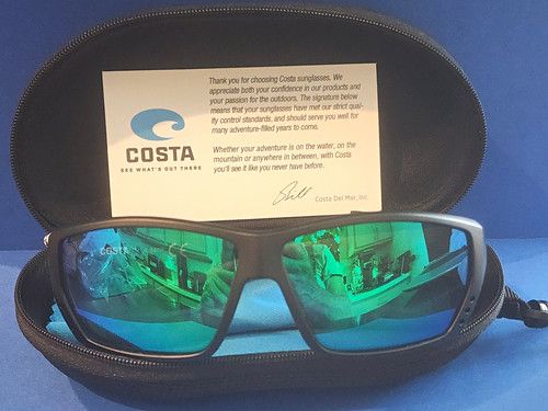 Costa 580P Tuna Alley Blueish Green Mirrored Lenses Black Frame Sunglass, Case