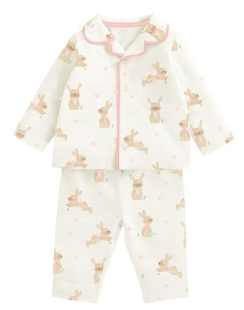 Baby Girls Bunny Rabbit Pyjamas Traditional Button Front Collar Sleepwear Set