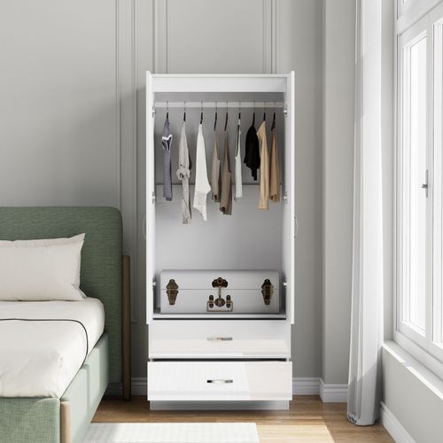 Wooden 2 Door Wardrobe with Mirror 2 Drawers Wardrobe Bedroom Storage Furniture — image 3