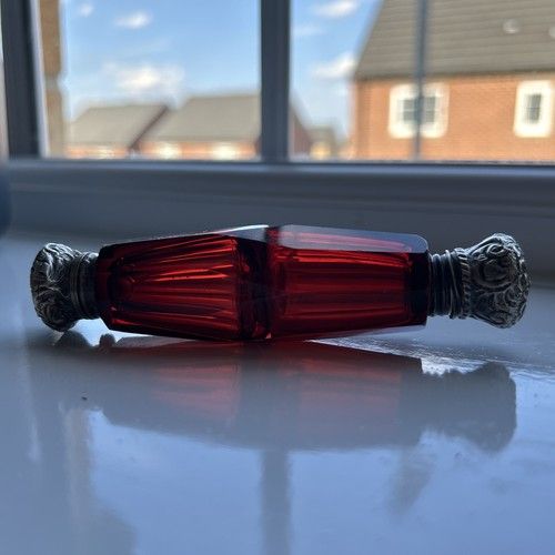Victorian Cranberry glass Double ended perfume scent bottle with silver tops