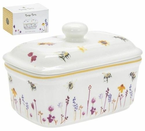 VINTAGE STYLE FINE CHINA BUSY BEES DESIGN BUTTER DISH WITH LID NEW & BOXED *