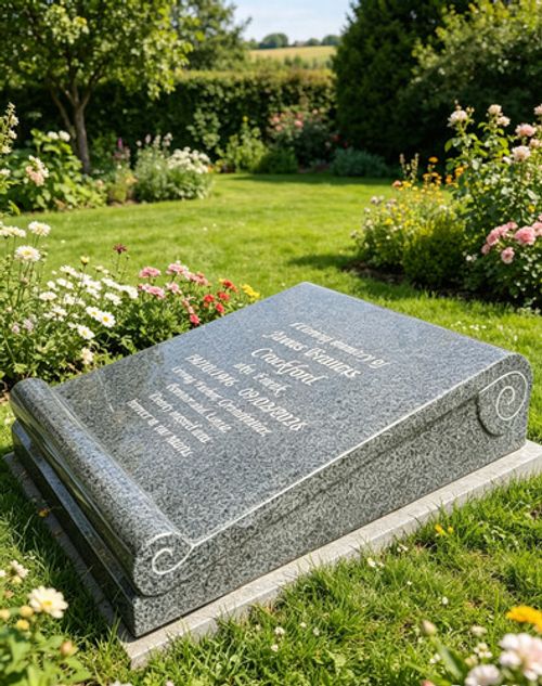 Personalised Flat Grey Granite Scroll Gravestone Headstone Cemetery Grave Marker