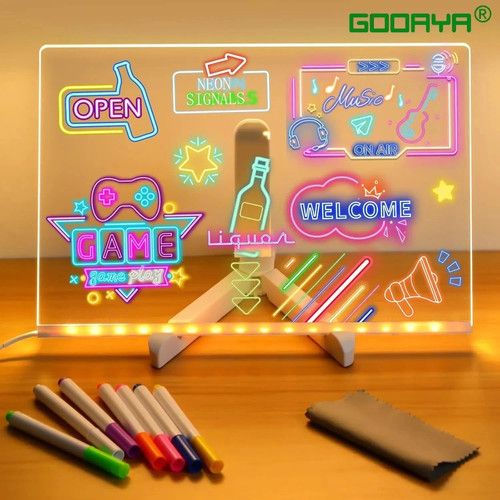LED Note Board with Night Light & 7 Pens - Kids Drawing & Message Board
