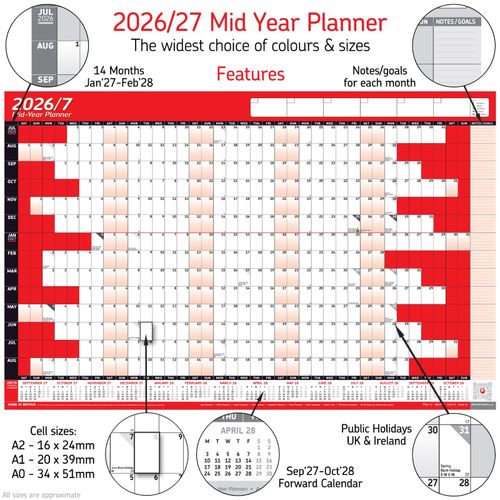 2026/2027 Mid-Year Wall Planner Calendar Wall Chart Home Office Work A2 Calender — image 2