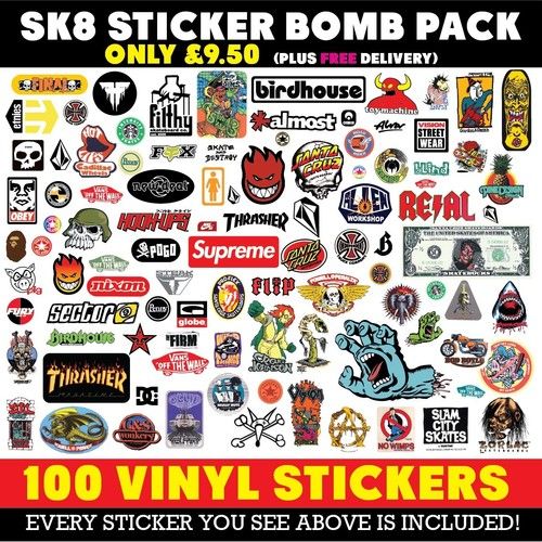 Skate Sticker Bomb x100 Stickers! Surf Skate Scooter BMX FREE UK P+P  (Code 11)