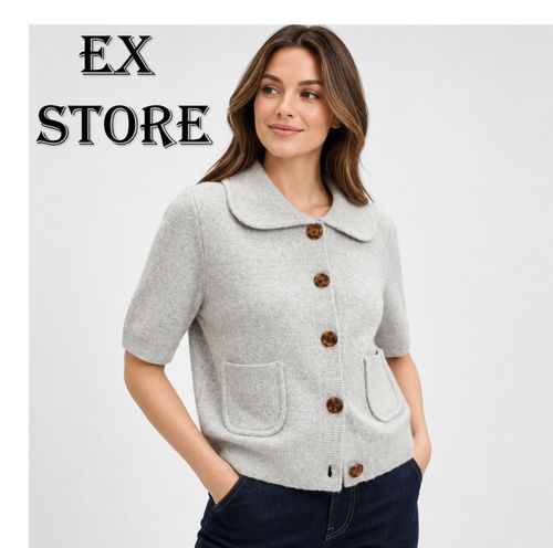Ladies Cardigan Short Sleeve Collared Cotton Knit Button Up Pocket Top EX STORE — image 1