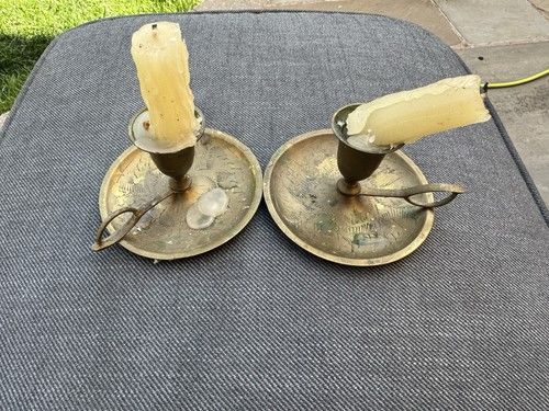 Antique Brass Chamberstick Candle Holders, Pair, Engraved Saucer Base