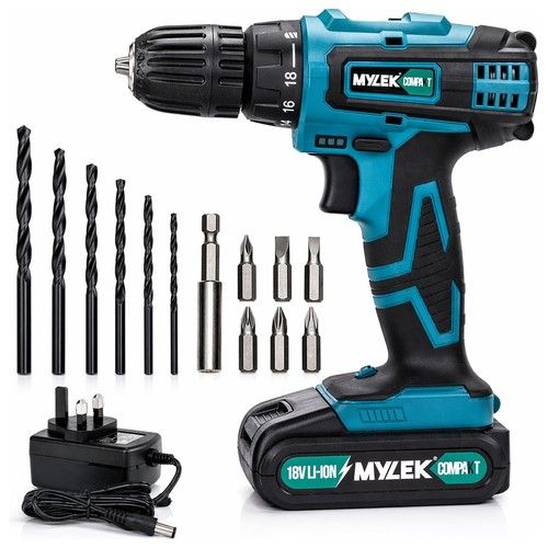 Mylek Cordless Drill 18V Driver Screwdriver DIY Kit Set Combi Lithium Ion