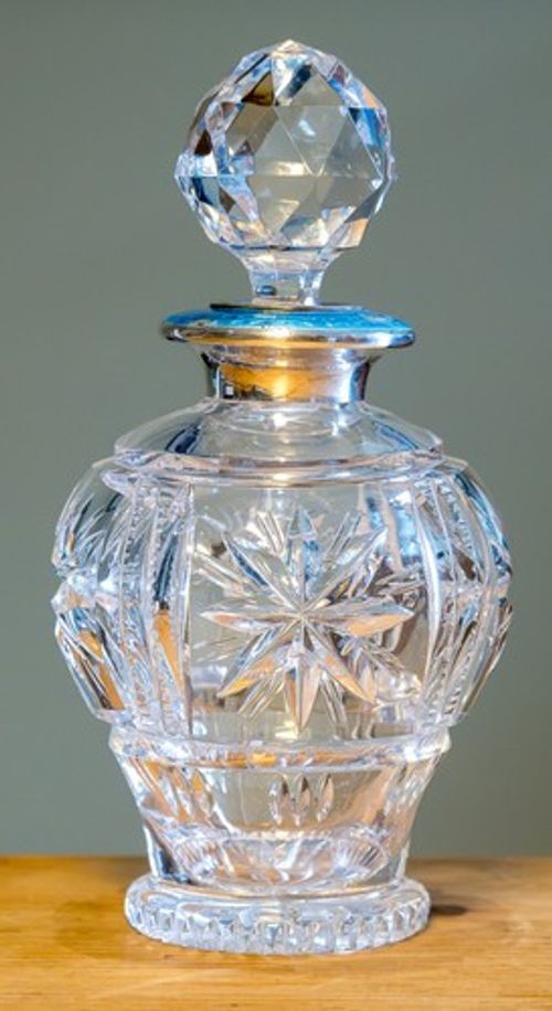 Cut glass Art Deco Sterling Silver Guilloche Enamel Scent Bottle stopper HP & S