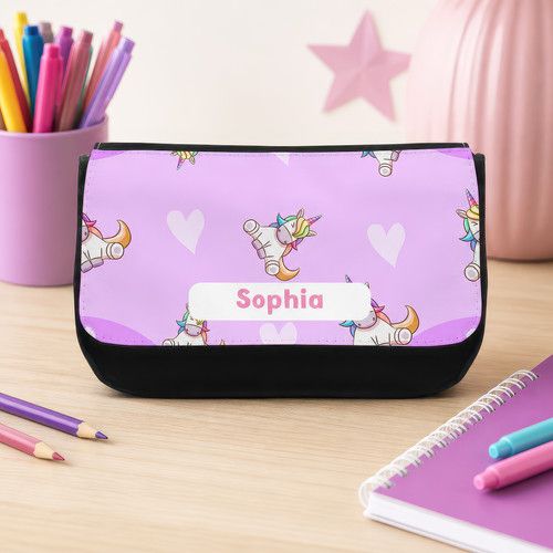 Personalised Kids Unicorn Pencil Case with Name - Pink Hearts School Zip Pouch