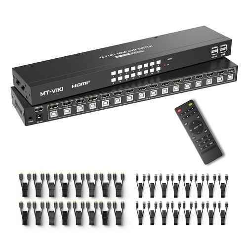 4K@60Hz KVM Switch HDMI 16 Port w/16 Cables & 3.5mm Audio, Rack Mount KVM USB 1U
