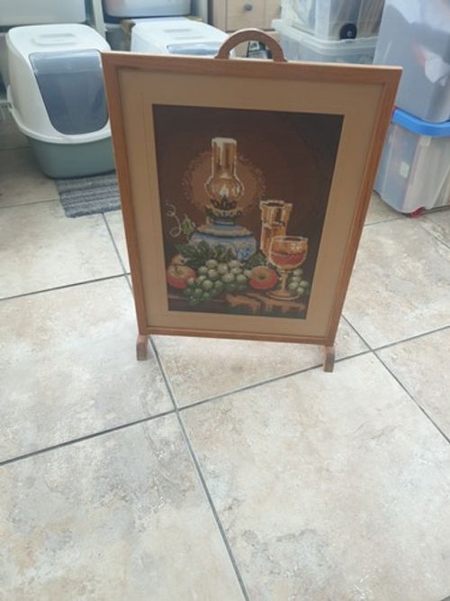Light Wood Tapestry Fire Screen FRUIT AND  WINE DESIGN 43cm X 60cm