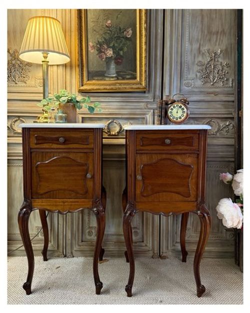 Pair Of  19th Century Antique French Mahogany Nightstands With Marble Tops