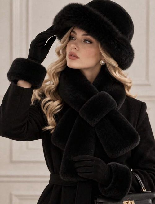 3pc Women's Winter Faux Fur Hat Scarf Gloves Set, Plush Bucket Hat, Cross Scarf — image 2
