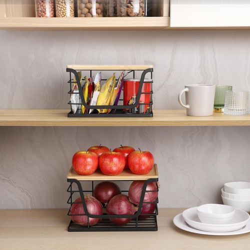2 Set Stackable Wire Basket with Bamboo Tops Pantry Organizer and Storage Bins — image 7