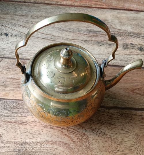 Brass Decorative Ornament Kettle Tea Pot With Hinged Handle & Ring Shaped Stand — image 1